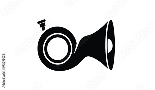 A stark black silhouette depicts a vintage hunting horn showcasing its coiled form and flared bell isolated on white high quality professional detailed modern