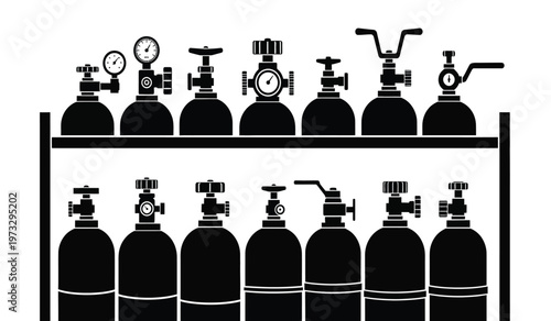 A black and white illustration depicts a collection of gas cylinders each equipped with valves and pressure gauges arranged on shelves high quality professional