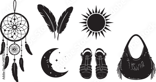 Boho Chic Icons, Dreamcatcher, Moon, Sun, Feather, Sandal, Purse Vector Set