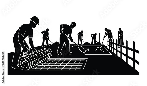 A black and white illustration depicts a group of workers installing turf on a sports field preparing it for play high quality professional detailed
