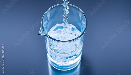 filled beaker with clear water in a laboratory setting image.