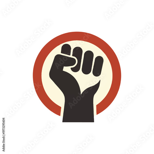 Fist raising in a circle, symbolizing power, protest, and revolution with a bold graphic style