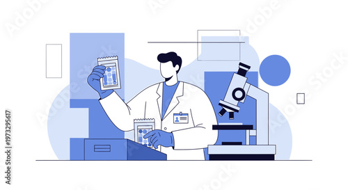 Scientist examining samples in laboratory with microscope and equipment, blue tones