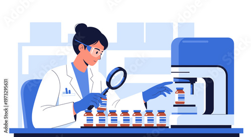 Scientist examining vials with magnifying glass near laboratory equipment