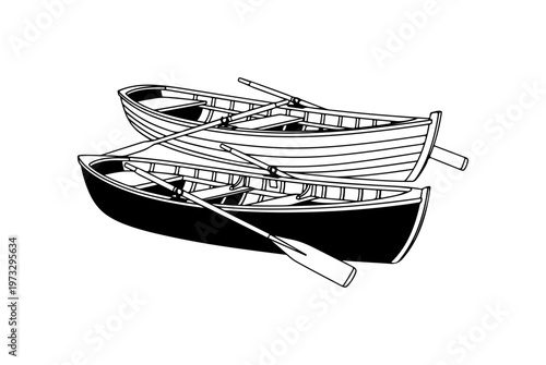 Black and white rowboats, vector illustration, boat icons, oars
