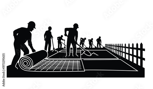 A black and white vector illustration depicts a team of workers installing artificial turf on a rectangular field high quality professional detailed modern elegant