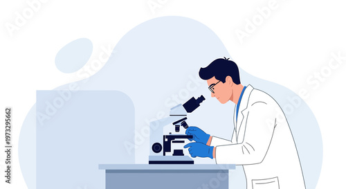 Scientist in lab coat and gloves examining sample under microscope in laboratory