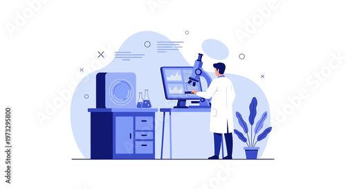 Scientist in Lab Coat Working with Microscope and Computer in Modern Laboratory