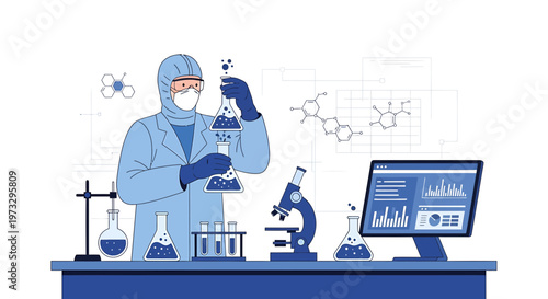Scientist in protective suit conducts experiment with flasks and microscope in laboratory