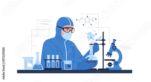 Scientist in protective suit conducts experiment with microscope and beakers in laboratory
