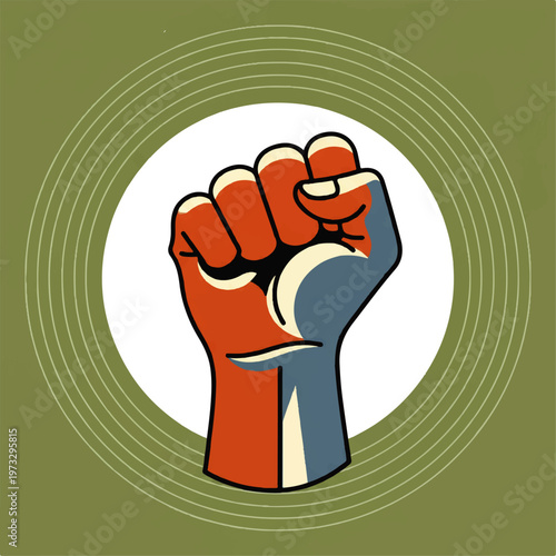 Vibrant graphic illustration of a raised clenched fist, symbolizing power, unity, and a collective stand for freedom and empowerment against a circular background, representing social activism
