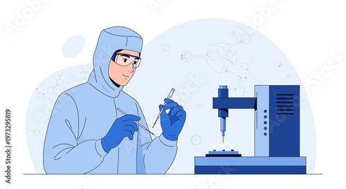 Scientist in protective suit working with advanced 3D bioprinter in laboratory