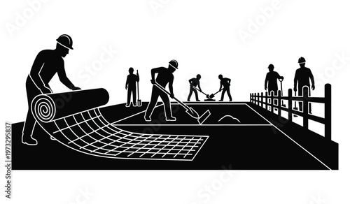 A black and white illustration depicts construction workers actively laying a roll of wire mesh over a prepared earthen surface secured by fencing