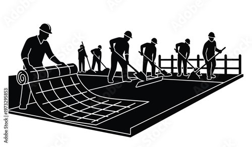A black and white illustration depicts construction workers installing artificial turf on a sports field showcasing teamwork and preparation high quality professional detailed modern