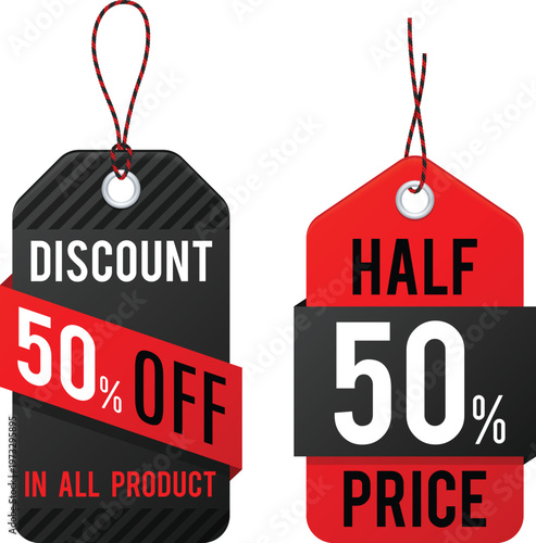 Comparison of discount tags showing fifty percent off in all products and half price deals
