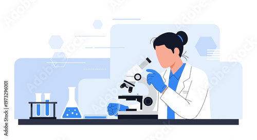 Scientist working with microscope in laboratory, conducting research, science and healthcare concept