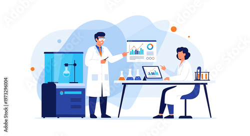Scientists Collaborate in Modern Laboratory, Analyzing Data on Screens