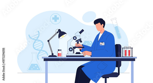 Scientist working with microscope in laboratory, DNA, test tubes, medical symbols