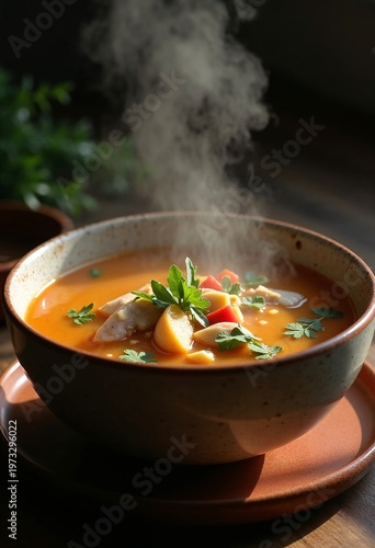 The image shows hot Thai rice soup (Khao Tom) with chicken