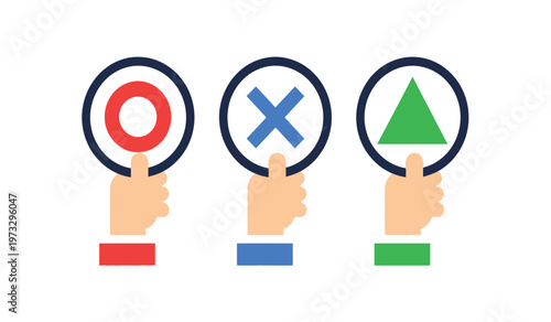 Three hands are displaying circular cards with a red circle blue x and green triangle representing choices or evaluations high quality professional detailed modern