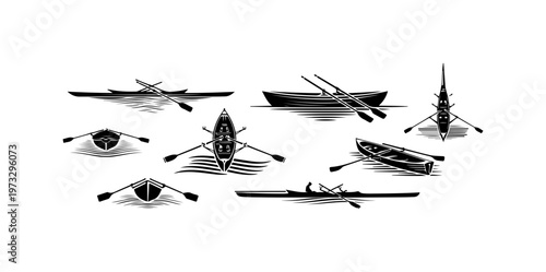 Assorted Vintage Style Rowboats and Canoes Vector Illustration