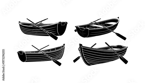 Set of Four Traditional Wooden Rowboats Vector Illustration