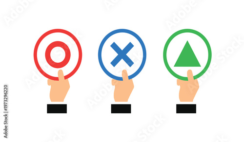 Three hands display circular signs with a red target blue cross and green triangle representing choices or evaluations high quality professional detailed modern elegant