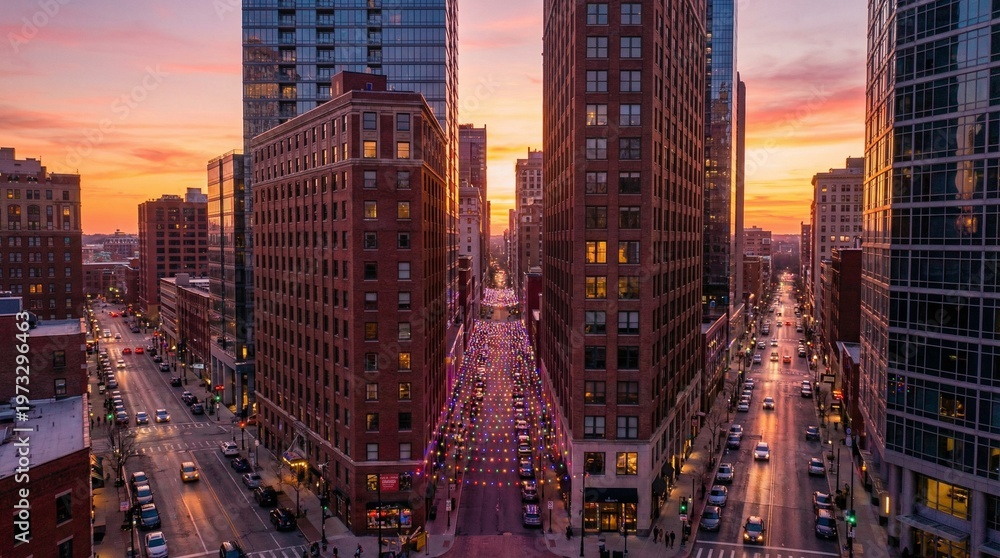 Fototapeta premium Aerial view of a bustling city street at sunset with tall buildings and busy traffic, modern urban landscape with warm orange pink sky