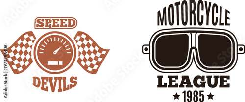 Vintage motorcycle league logo featuring speedometer and goggles from 1985