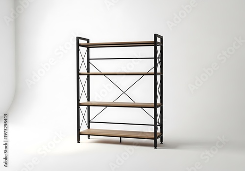 Modern industrial style shelving unit with wooden boards and metal frame