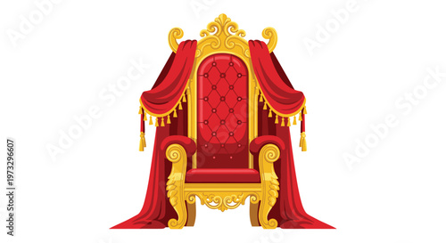 An opulent golden throne with vibrant red cushions is further embellished with heavy red velvet curtains draped elegantly over its high back and sides.