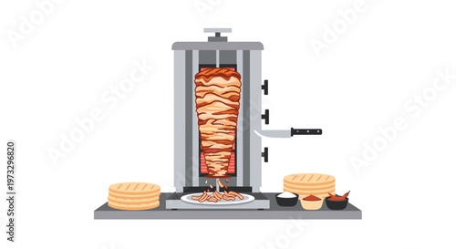 A professional vertical rotisserie machine roasts a large cone of seasoned doner kebab meat beside stacks of fresh pita bread and assorted spicy dipping sauces.