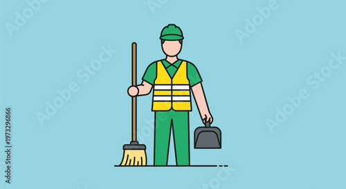 Street Sweeper Worker with Broom and Dustpan Illustration.