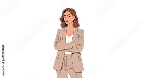 A stylish young woman with wavy brown hair stands confidently with her arms crossed while wearing a sophisticated tan tailored pantsuit and white undershirt.