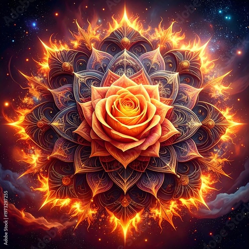 A glowing, intricate floral mandala with fiery edges set against a nebula-filled background. The central flower glows intensely