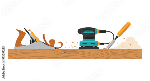 A meticulous arrangement of a hand plane, electric orbital sander, and sharp chisel sits ready for a carpentry project on a flat textured wooden surface.