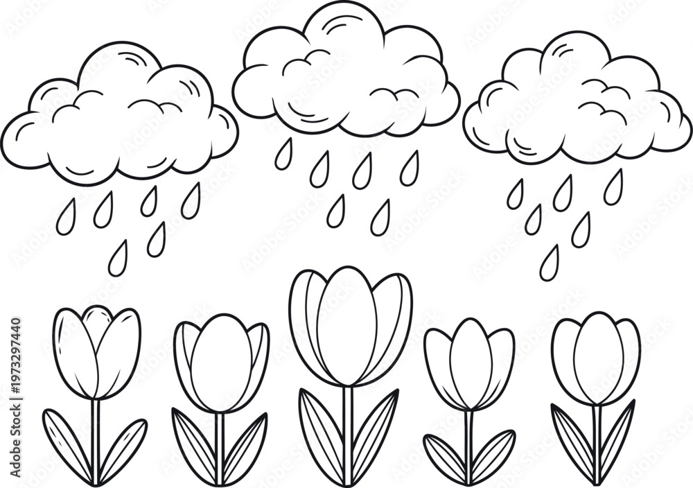 Obraz premium Sketch of tulips and clouds with rain