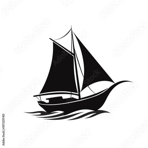 Sailing boat silhouette vector, nautical ship icon on ocean waves, minimalist maritime vessel logo, black and white sea transport illustration
