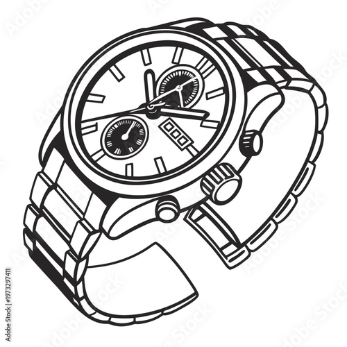 Classic chronograph wristwatch vector illustration, luxury mens watch with metal link bracelet, elegant black and white line art timepiece