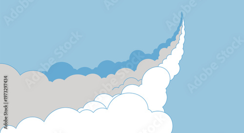 Stylized rocket launch smoke trail ascending into the blue sky.