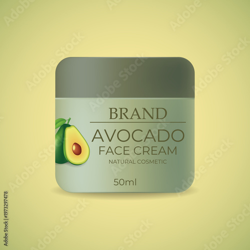A template for a jar of avocado face cream. Packaging for product placement. The concept of natural cosmetics. 3d illustration