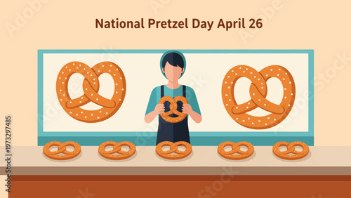 An illustration depicting National Pretzel Day on April 26, with a person holding a pretzel behind a counter displaying various pretzels.