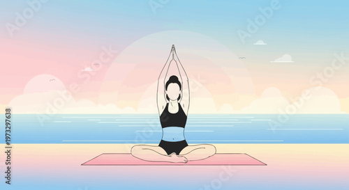 Woman practices yoga on a beach at sunrise in a serene and peaceful environment with her hands raised above her head in a meditative pose.