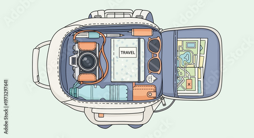 Open suitcase with travel essentials and accessories inside for adventure
