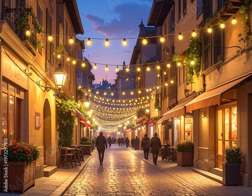 A serene evening scene of a cobblestone street lined with buildings, adorned with string lights and potted plants