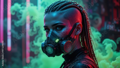 Woman with Braided Hair and Tech Mask in Neon Smoky Environment