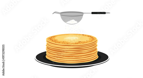 A meticulous stack of thin golden crepes rests on a dark circular plate while fine powdered sugar falls from a silver metal sifter held above them.
