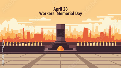 Illustration of Workers' Memorial Day with a monument, candles, and an industrial city skyline at sunset.