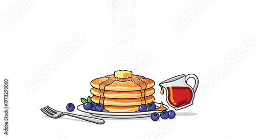 Delicious golden brown pancakes stacked high with a melting pat of butter and drizzled maple syrup are garnished with fresh blueberries on a plate.