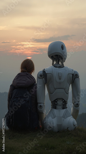 A person sits beside a humanoid robot on a grassy hill, both seen from behind against a soft sunset sky with warm clouds and distant haze.